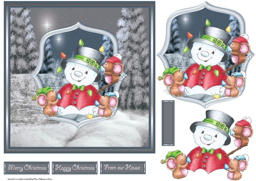 Snowman tree and mice friends 7x7 card with decoupage