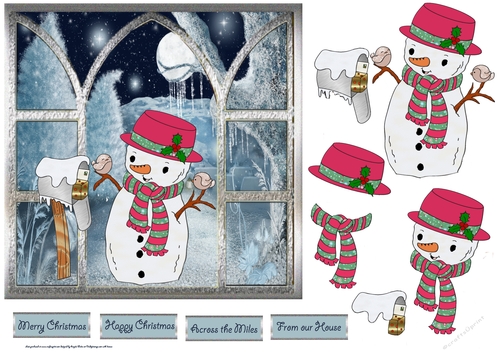 Snowman and bird friends 7x7 card 