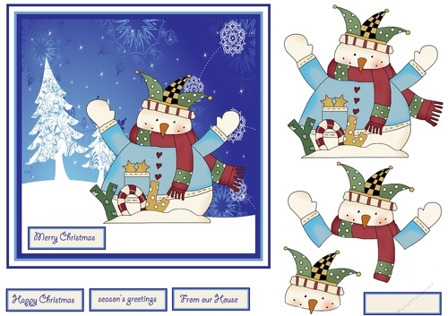 Snowman at night 7x7 card with decoupage
