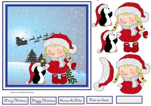 Hollies penguin kiss 7x7 card with decoupage and sentiment tags