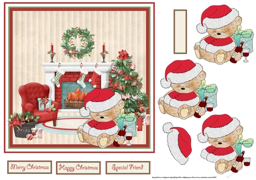 Boozy Christmas bear 7x7 card with decoupage