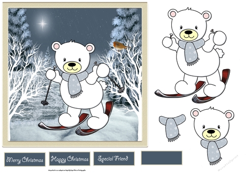 Sking polar bear 7x7 card with decoupage