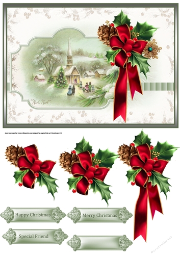 Noel church service card with decoupage