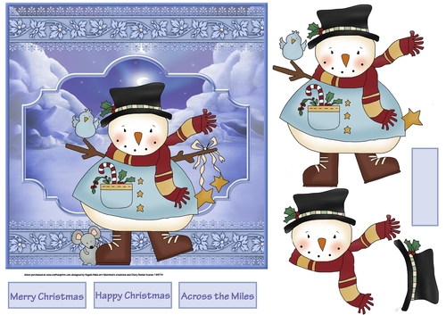 Snowman and friends 7x7 card with decoupage