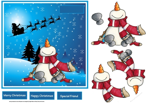 snowman watching Santa fly 7x7 card