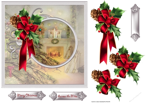 Christmas day 7x7 card with decoupage and sentiment tags