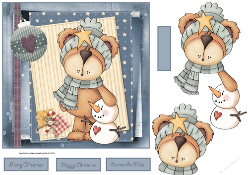 Cosy bear and snowman 7x7 card with decoupage