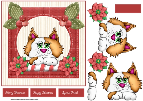 Peeping Christmas kitten 7x7 card with decoupage