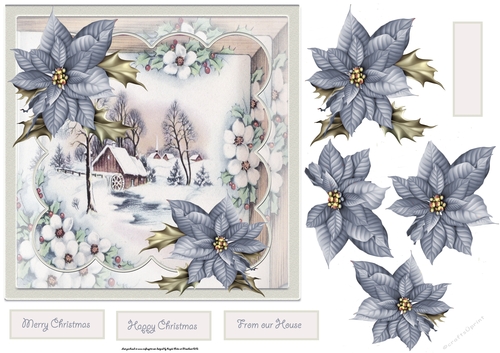 A  Water mill in winter 7x7 card with decoupage and sentiment tags