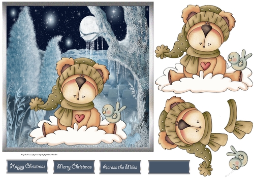 Cosy bear and the little bird 7x7 card with decoupage