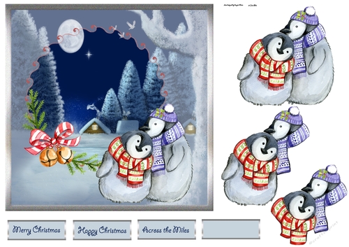 Penguin snuggles 7x7 card with decoupage