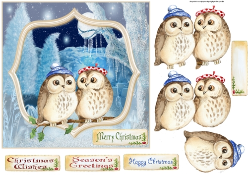 Christmas owls 7x7 card with decoupage