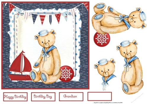 Sailor boy bear 7x7 card with decoupage