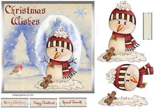 Snowman and robin 7x7 card with decoupage