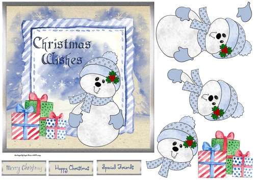 Presents for a snowman is a 7x7 card with decoupage