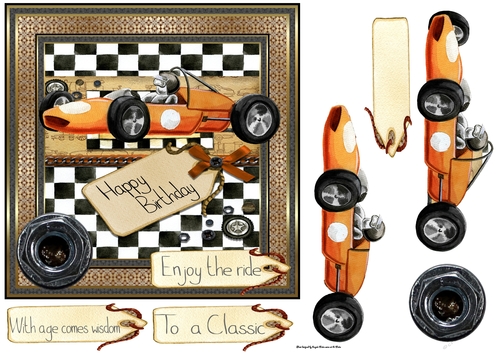 Classic racing car 7x7 card with decoupage