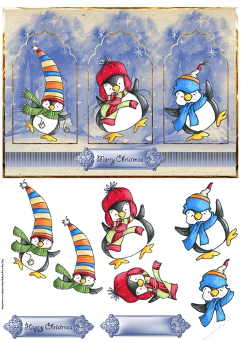 Dancing penguins  panel card with decoupage and sentiment tags