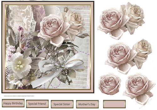 Delicate rose and flowers 7x7 card with decoupage