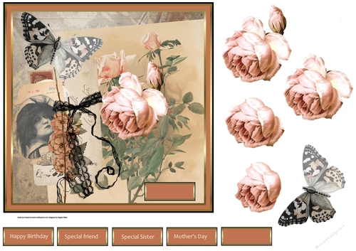 Vintage lady, rose and butterfly