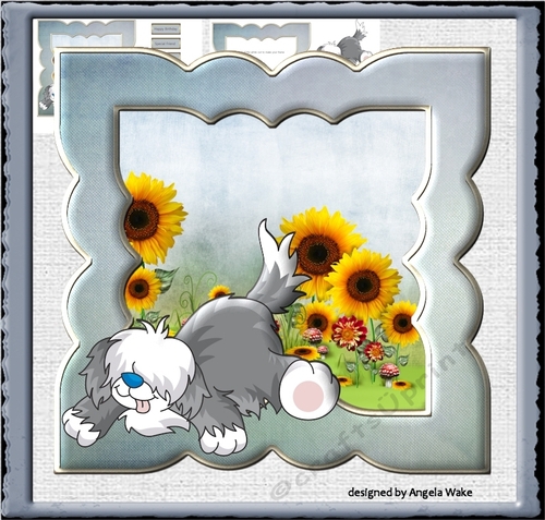 Shaggy dog and sunflowers