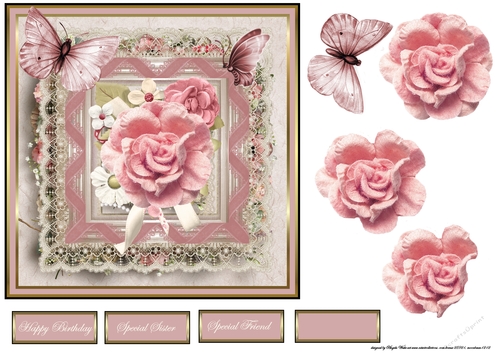 Pink rose and butterfly with lace