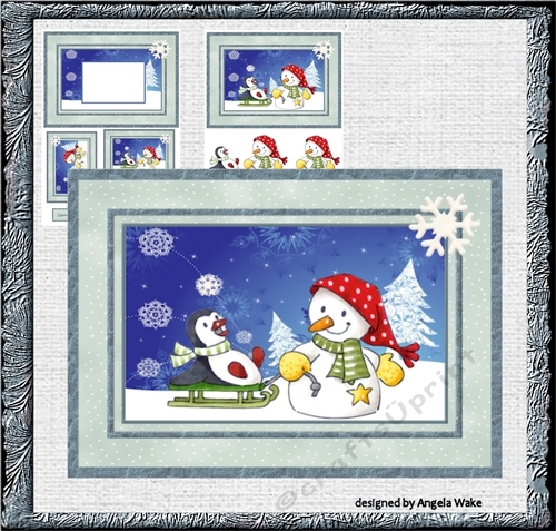 Snowman pulls the sledge for penguin