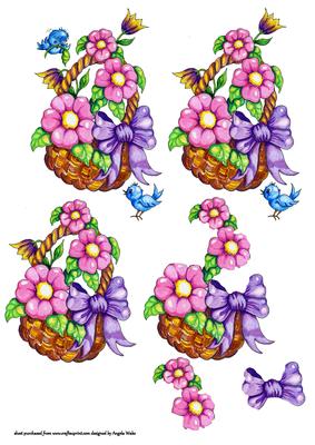 Basket of Flowers and Blue Birds