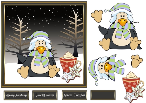 Penguin with his hot drink and cookies