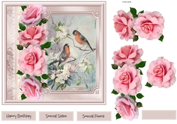 Pink rose and birds 7x7