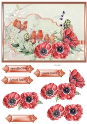 Birds and Anemone flowers A5 card