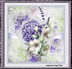 Purple flowers, pearsl and lace 7x7 card