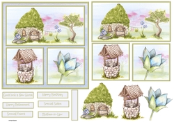 Happy small house 6x6 card with sentiment tiles, toppers and decoupage