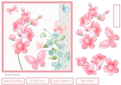 Pink flowers and butterfly 7x7
