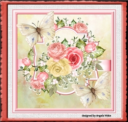 Pink and lemon rose and butterfly 7x7