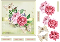 Pink rose blooms and butterfly 7x7