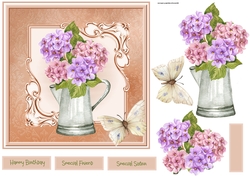 Jug of Hydrangeas and butterfly 7x7