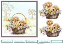 Puppies in a basket of flowers 7x7