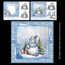 Snowman and trees 7x7 card with sentiment tiles and decoupage, insert and gift tags