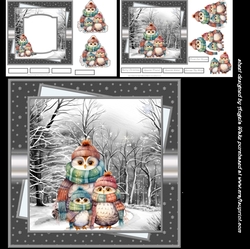 Owl family 7x7 card with decoupage and sentiment tiles, insert and gift tags