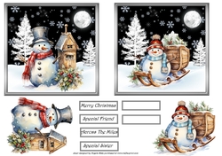 Vintage snowman 5x5 cards with toppers and sentiment tiles