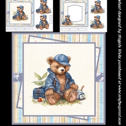 teddy bear picnic 7x7 card with decoupage, sentiment tiles, insert and two gift tags