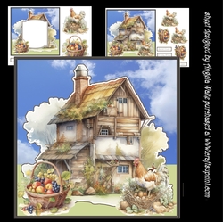 farmhouse 7x7 card with sentiment tiles and decoupage, insert and gift tags