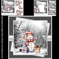 Snowman and gifts 7x7 card , sentiment tiles, decoupage, insert and two gift tags