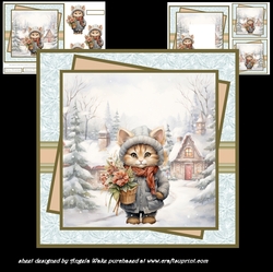 Christmas cat with poinsettia plant 7x7, decoupage, insert and gift tags