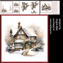 House in the snow, 7x7 card with sentiment tiles, decoupage, insert and gift cards