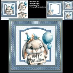 Bunny birthday 7x7 with decoupage, and insert