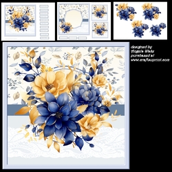 Blue and yellow flowers 7x7 card, sentiment tiles, decoupage, insert and toppers