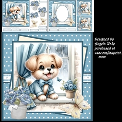 Puppy waiting for the rain to stop, 7x7 card and decoupage, insert and toppers