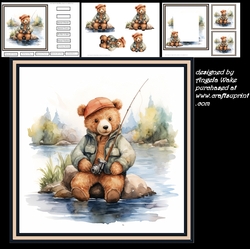 Vintage teddy fishing 7x7 card, insert and decoupage
