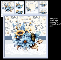 Blue flowers and busy bee 7x7 ,decoupage and sentiment tiles. Insert and toppers